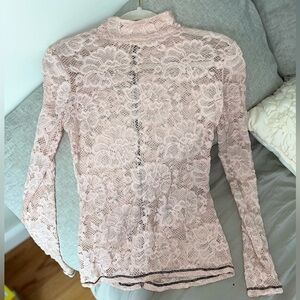 GUESS Floral Sheer Lace Long Sleeve Turtleneck Blouse